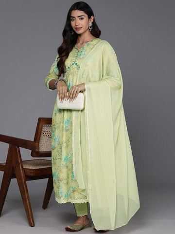 Varanga Women Green Floral Printed Mirron Work Alia Cut A-Line Kurta With Side Slits With Tonal Bottom And Dupatta